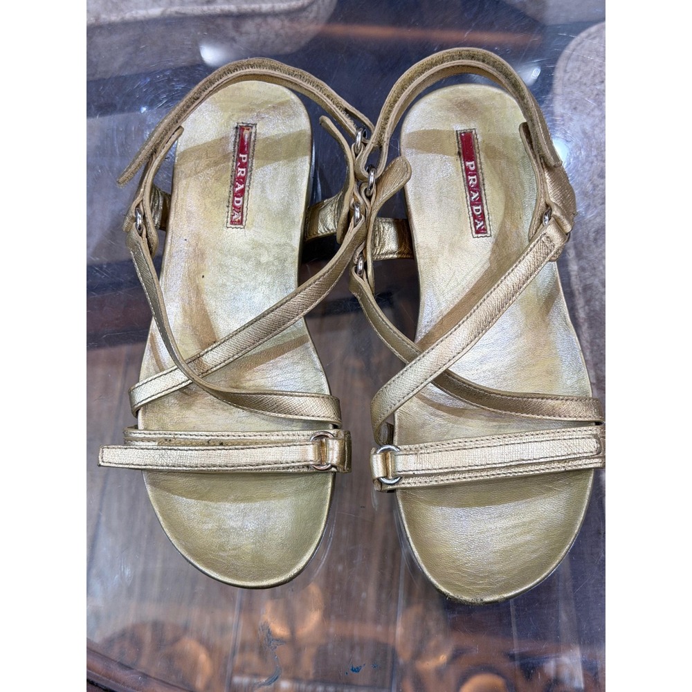 Prada Sport Gold Metallic Leather Strappy Sandals Logo Sole Womens 37 3X5004